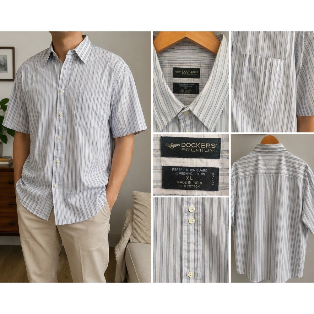 Dockers Premium Men's XL Blue Gray Striped Button Front Short Sleeve Shirt...
